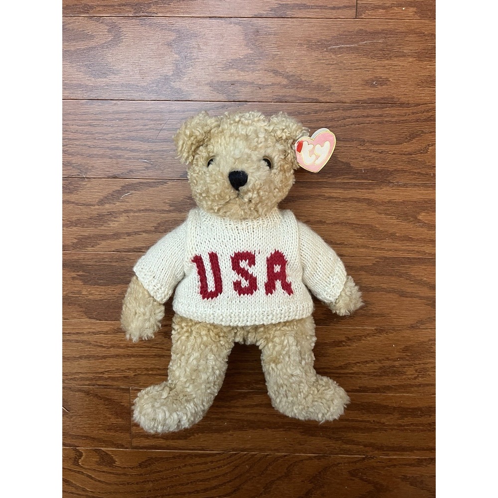 Vintage 1992 TY  Baby Curly Plush‎ Bear USA Olympic Sweater Incl. Ear Tag VGC